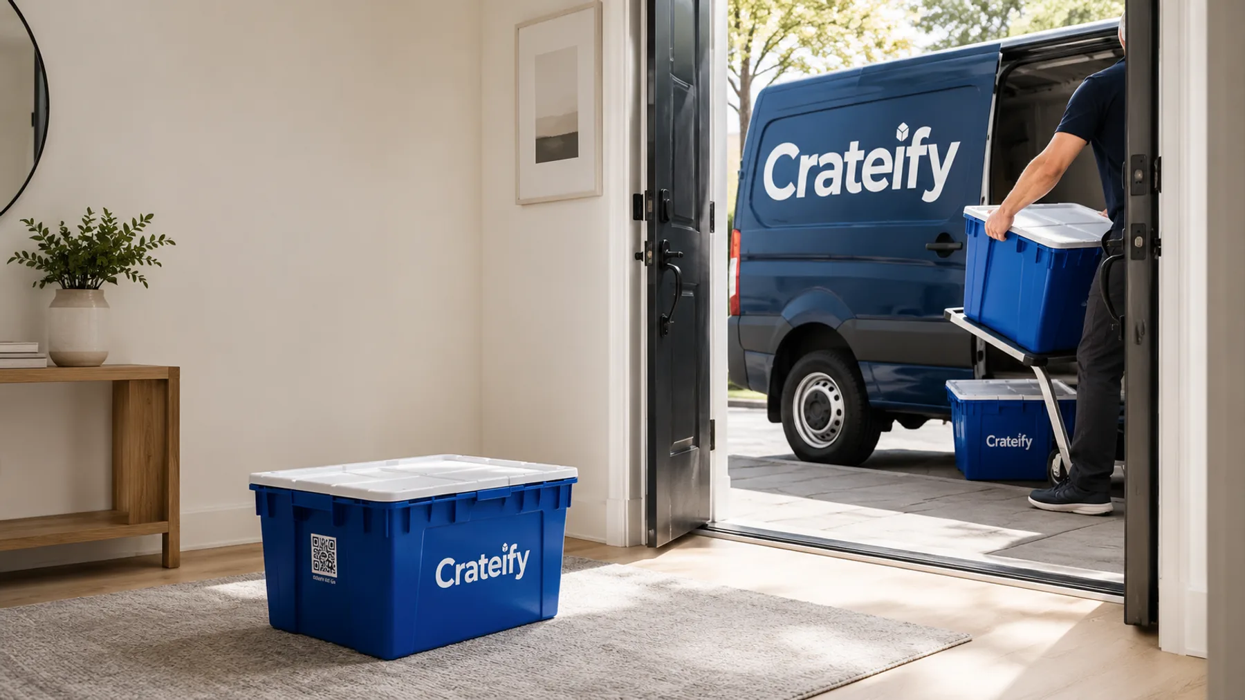 Illustration of branded Crateify storage totes being collected at a home